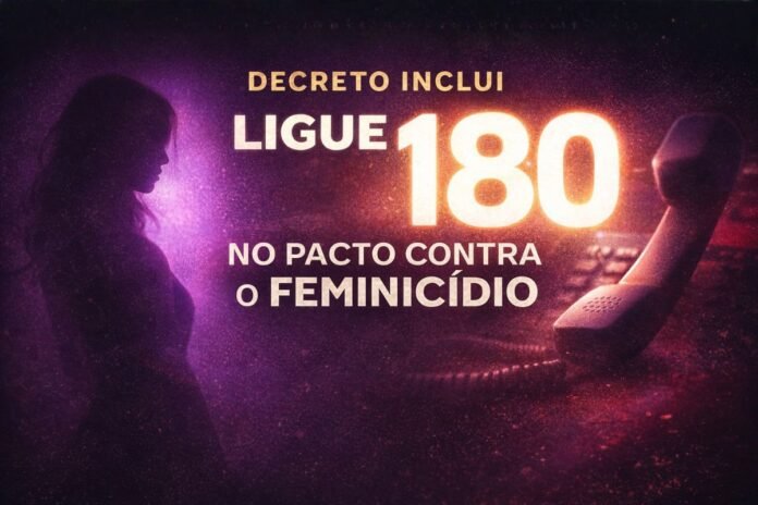 Arte destaca o Ligue 180 integrado ao Pacto contra o Feminicídio com silhueta feminina e número 180 em evidência.