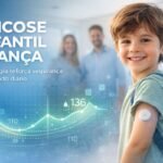 Criança utilizando sensor de monitoramento contínuo da glicose no braço