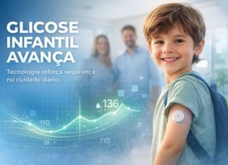 Monitoramento da glicose avança no cuidado infantil Criança utilizando sensor de monitoramento contínuo da glicose no braço