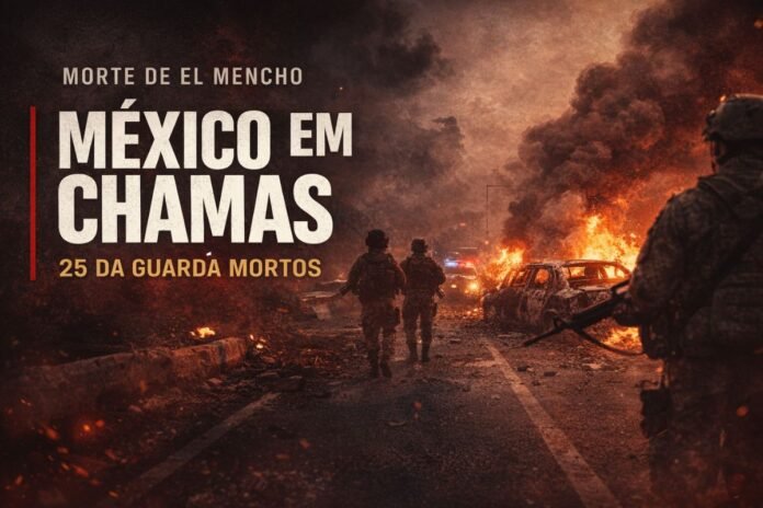 Militares caminham em rodovia com carros incendiados após morte de El Mencho no México