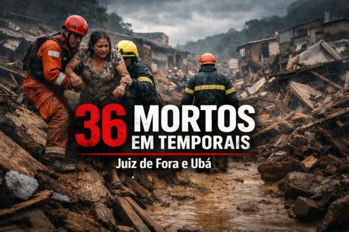 36 mortos em temporais na Zona da Mata Bombeiros resgatam mulher entre escombros após temporais que deixaram 36 mortos em Juiz de Fora e Ubá
