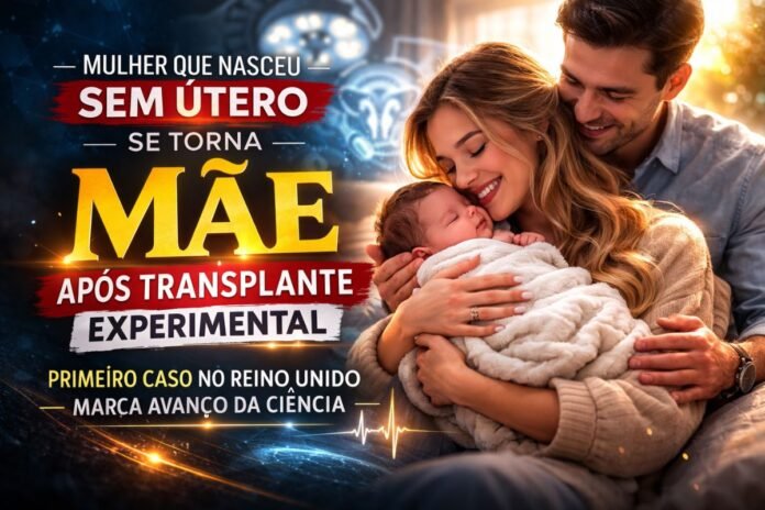 Mãe após transplante de útero no Reino Unido Mulher segura bebê após transplante de útero experimental no Reino Unido