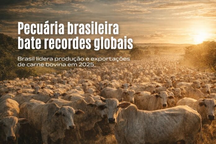 Rebanho bovino em larga escala no Brasil representa recordes de produção e exportação de carne em 2025