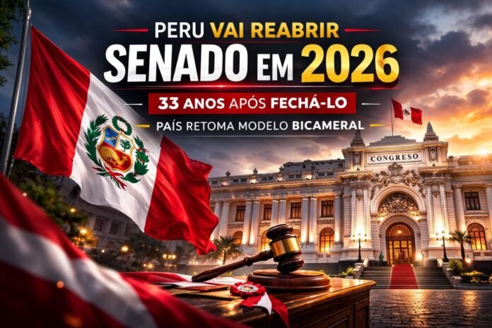 Peru vai reabrir Senado em 2026 Congresso do Peru com bandeira nacional destacando reabertura do Senado prevista para 2026