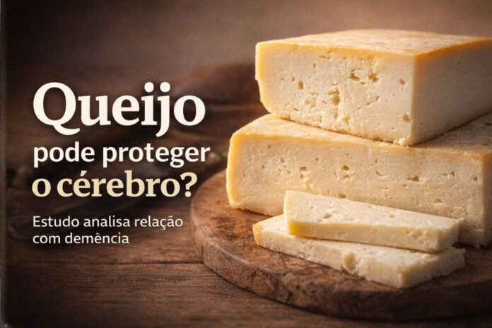 Blocos de queijo sobre tábua de madeira ilustram estudo que investiga relação entre consumo de queijo e demência