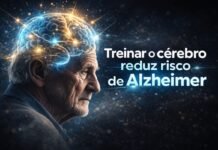 Treinar a velocidade do cérebro pode reduzir o risco de Alzheimer Idoso com cérebro iluminado simbolizando treinamento cognitivo para reduzir risco de Alzheimer