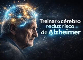 Treinar a velocidade do cérebro pode reduzir o risco de Alzheimer Idoso com cérebro iluminado simbolizando treinamento cognitivo para reduzir risco de Alzheimer
