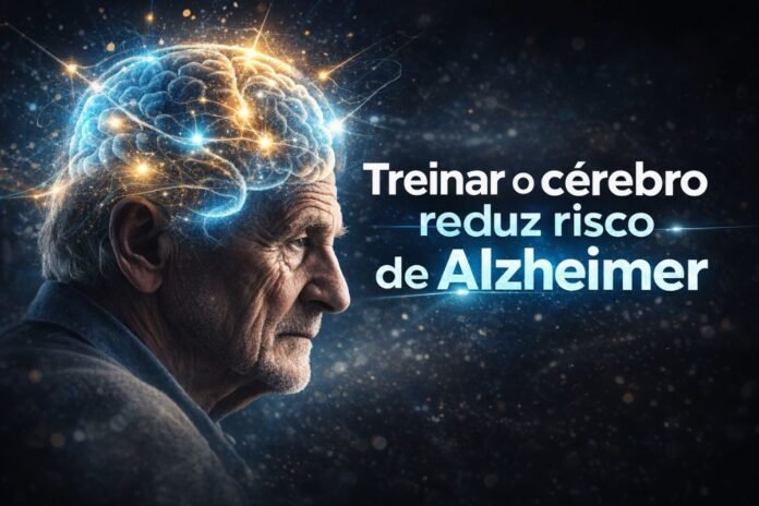 Idoso com cérebro iluminado simbolizando treinamento cognitivo para reduzir risco de Alzheimer