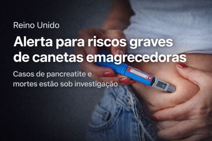 Pessoa aplica caneta emagrecedora no abdômen enquanto Reino Unido alerta para riscos graves à saúde.