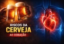 Cardiologista aponta riscos da cerveja para a saúde do coração Riscos da cerveja para o coração ilustrados com copos de cerveja e coração humano em alerta médico
