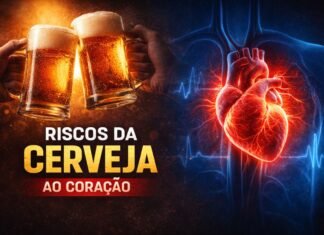 Cardiologista aponta riscos da cerveja para a saúde do coração Riscos da cerveja para o coração ilustrados com copos de cerveja e coração humano em alerta médico