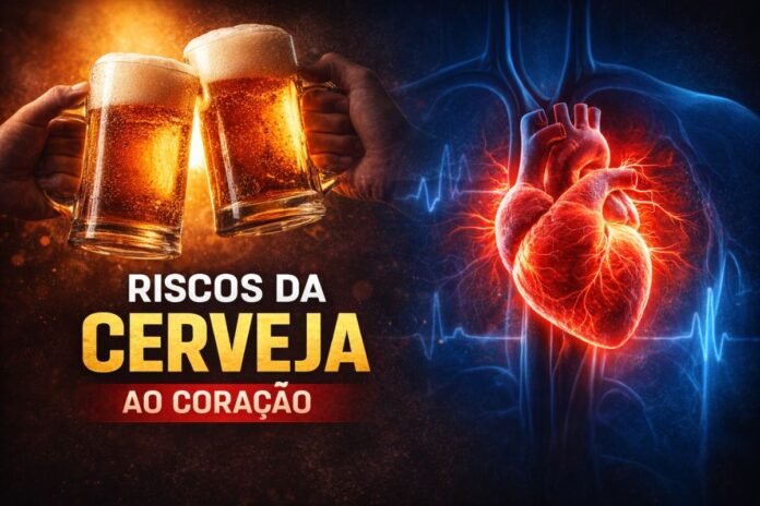 Riscos da cerveja para o coração ilustrados com copos de cerveja e coração humano em alerta médico