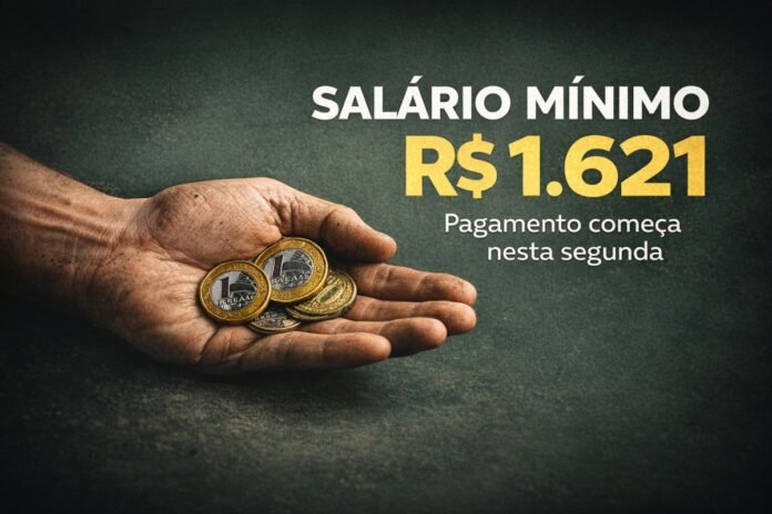 Mão segurando moedas simboliza o novo salário mínimo de R$ 1.621, que começa a ser pago no Brasil em 2026.