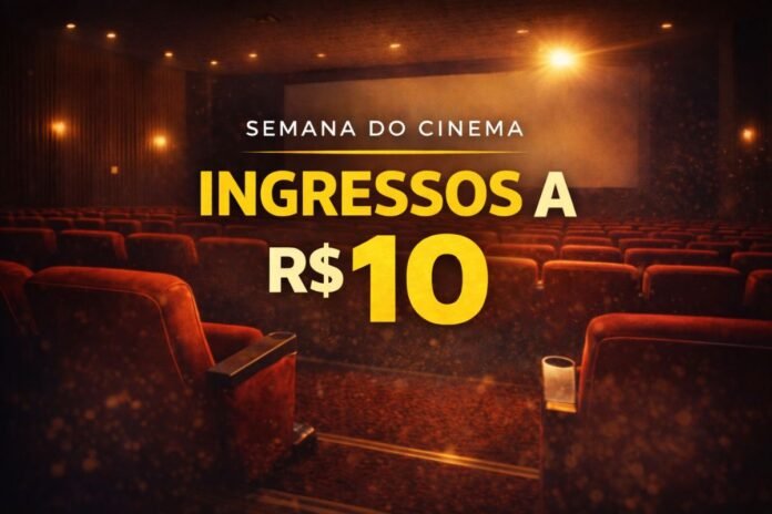 Sala de cinema com poltronas vermelhas destaca promoção da Semana do Cinema com ingressos a R$ 10 em todo o Brasil