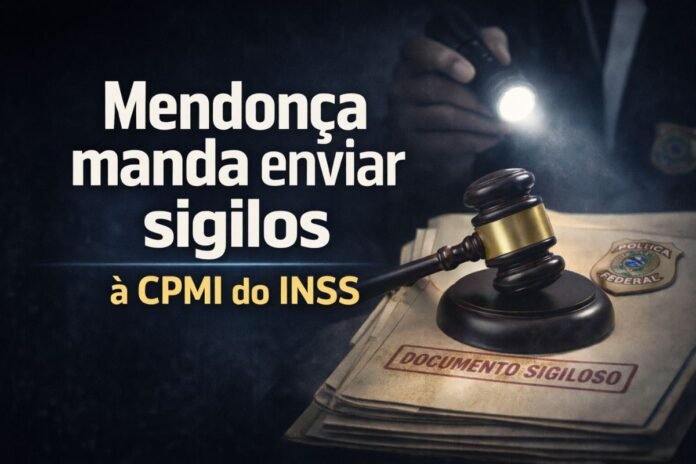 Documentos sigilosos e martelo judicial simbolizam decisão do STF sobre envio de sigilos à CPMI do INSS
