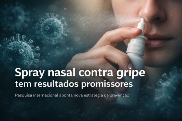 Pessoa aplicando spray nasal como estratégia de prevenção contra a gripe em estudo científico internacional