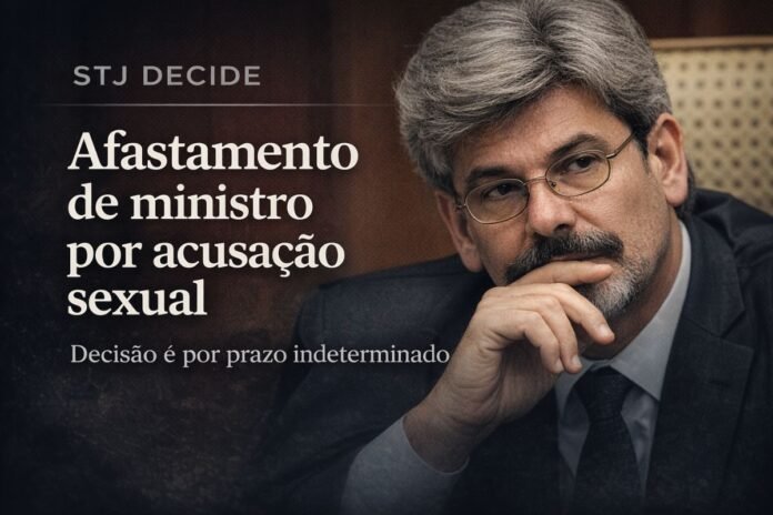 Ministro do STJ é afastado por prazo indeterminado após acusação de importunação sexual decidida em sessão fechada do tribunal.