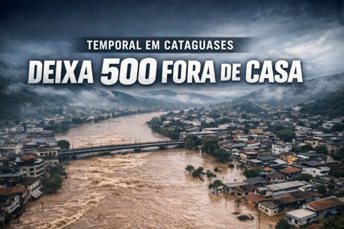 Imagem aérea mostra Rio Pomba transbordado após temporal em Cataguases deixando bairros completamente alagados