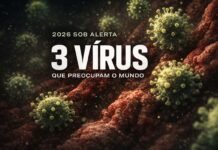 Os três vírus que podem provocar novas crises em 2026 Ilustração microscópica representando três vírus que preocupam autoridades em 2026
