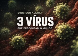 Os três vírus que podem provocar novas crises em 2026 Ilustração microscópica representando três vírus que preocupam autoridades em 2026