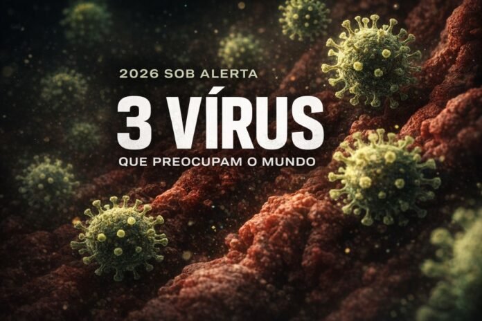 Ilustração microscópica representando três vírus que preocupam autoridades em 2026