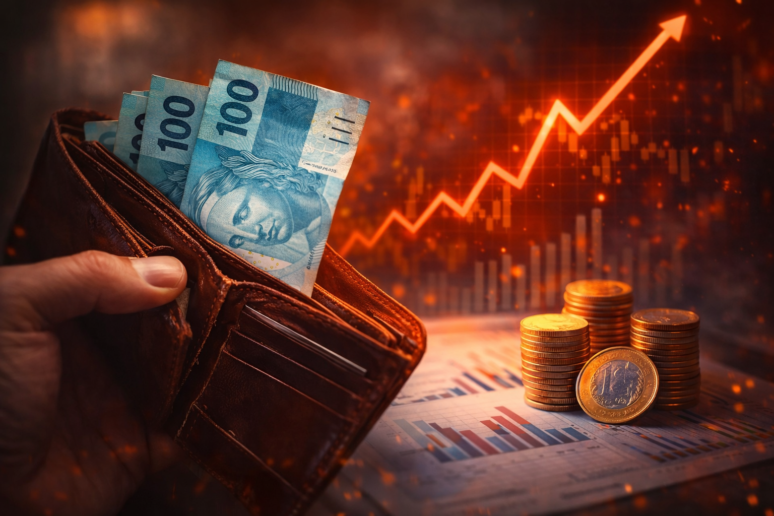 impacto da alta do diesel no bolso com dinheiro e gráfico de aumento da economia