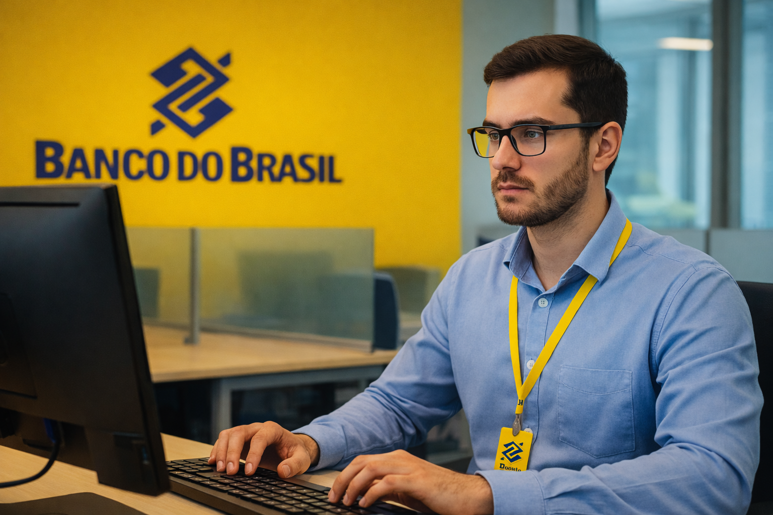 Funcionário do Banco do Brasil trabalhando em agência representando o concurso Banco do Brasil 2026 e oportunidade de emprego