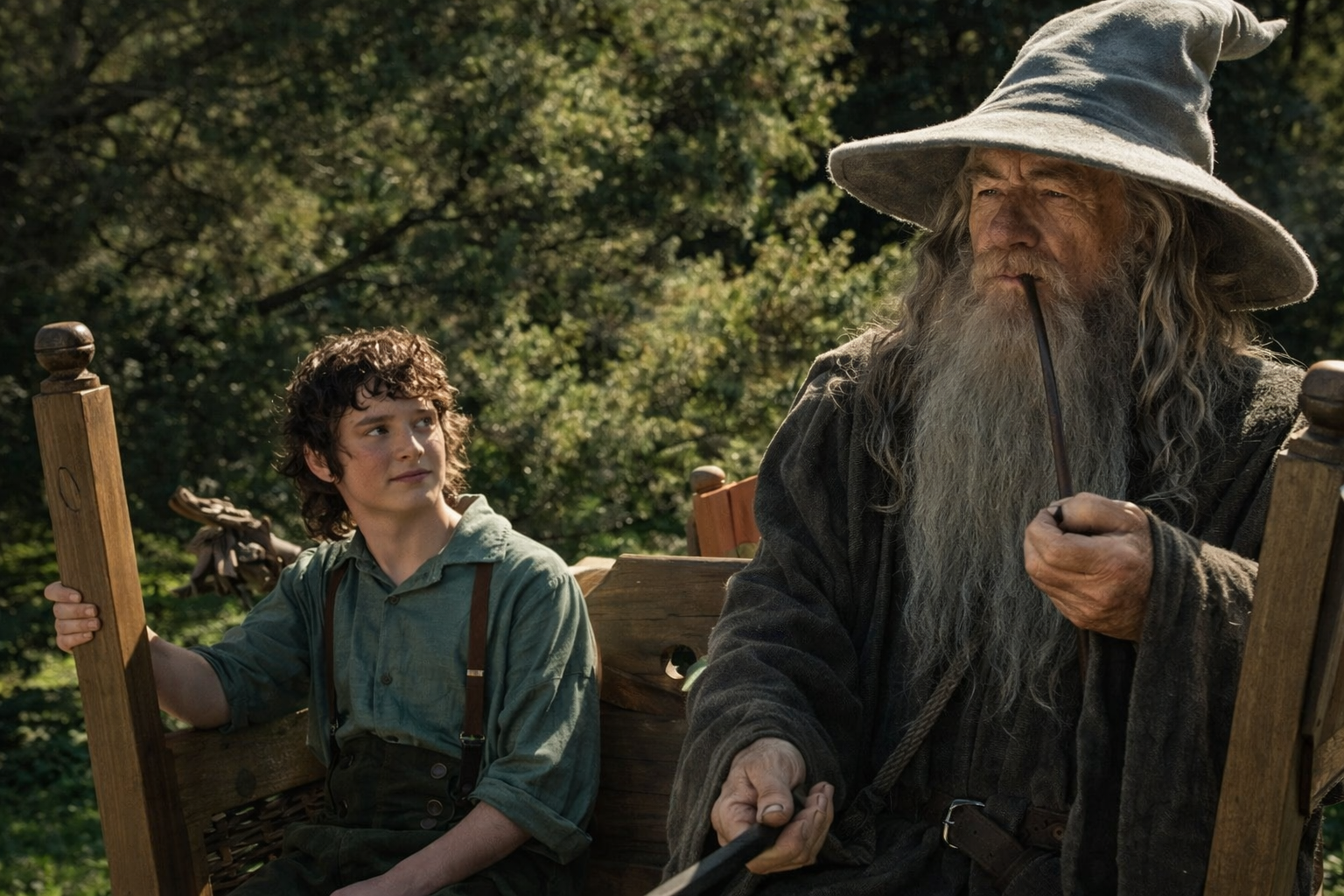 O Senhor dos Anéis Gandalf e Frodo na carroça cena do filme