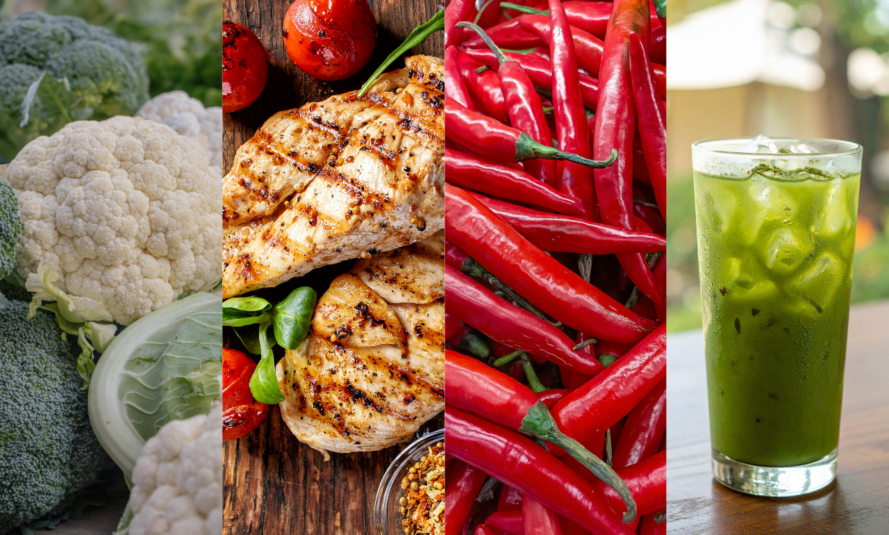 emagrecimento saudável com alimentos como vegetais frango pimenta e chá verde