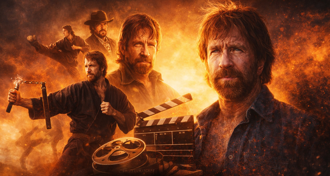 Chuck Norris legado no cinema e nas artes marciais com montagem de cenas e elementos cinematográficos