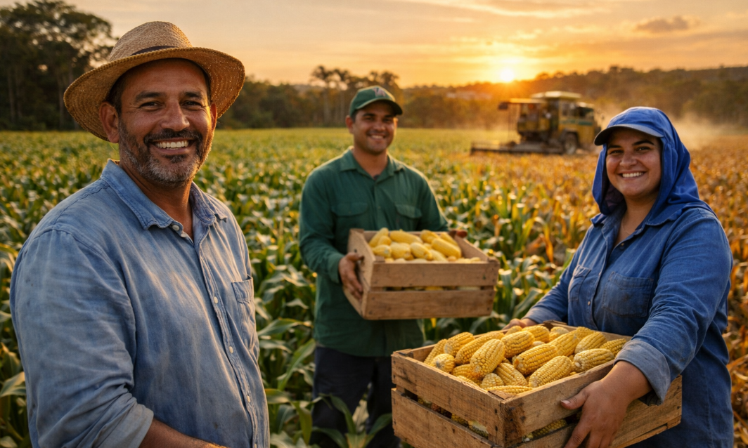 trabalho no campo em Rondônia gera emprego e renda com agricultores colhendo milho em lavoura