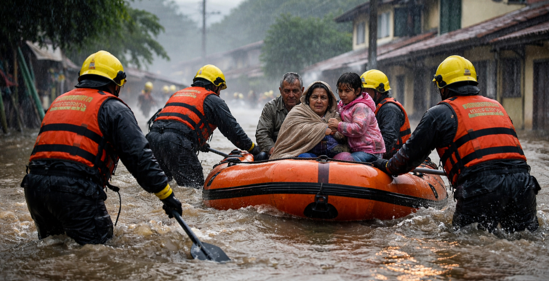 Bombeiros resgatam moradores durante chuva forte no Brasil em área alagada
