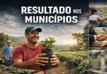 AleRO impulsiona agricultura, cidadania e infraestrutura em RO Produtor rural segura muda de café enquanto imagens laterais mostram atendimento de saúde, microcrédito e poço artesiano em Rondônia