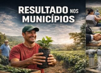 AleRO impulsiona agricultura, cidadania e infraestrutura em RO Produtor rural segura muda de café enquanto imagens laterais mostram atendimento de saúde, microcrédito e poço artesiano em Rondônia