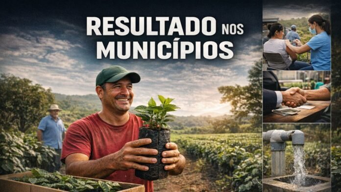 Resultado das ações da AleRO nos municípios de Rondônia Produtor rural segura muda de café enquanto imagens laterais mostram atendimento de saúde, microcrédito e poço artesiano em Rondônia