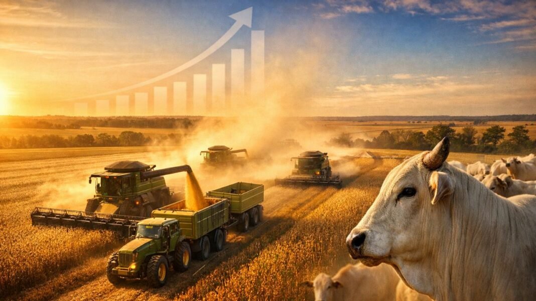 Colheita mecanizada de soja com pecuária ao fundo simboliza crescimento da agropecuária em 2025