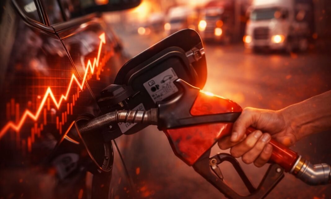 alta do diesel no Brasil com bomba de combustível e gráfico de aumento refletido no carro