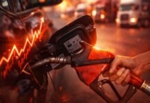 alta do diesel no Brasil com bomba de combustível e gráfico de aumento refletido no carro
