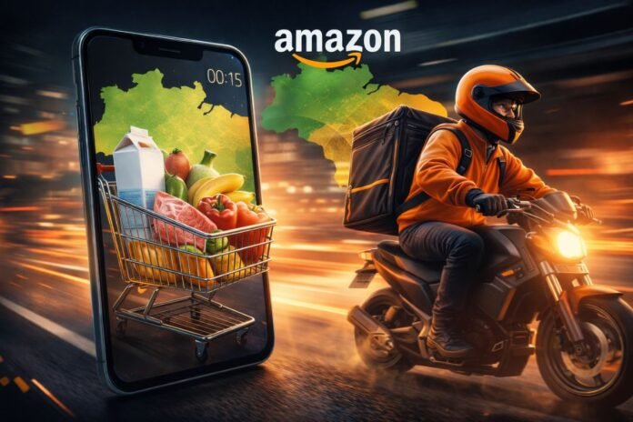 Entregador do Amazon Now realizando entrega de supermercado em até 15 minutos no Brasil