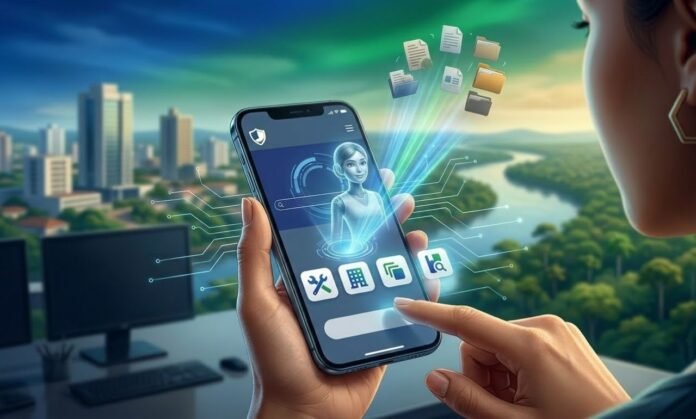 Assistente virtual Rô do Governo de Rondônia orientando cidadão em smartphone para acessar serviços públicos digitais