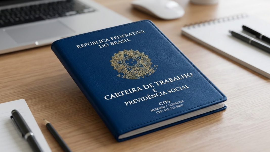carteira de trabalho e previdência social sobre mesa de escritório representando dados de emprego e desemprego no Brasil
