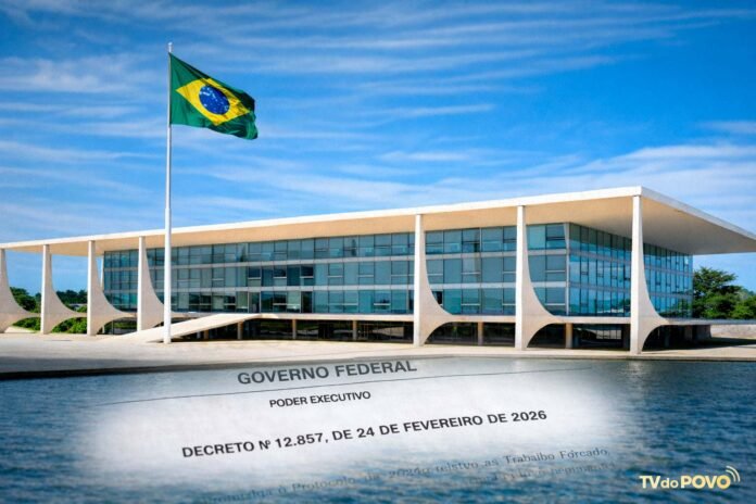 Palácio do Planalto e decreto publicado no Diário Oficial que promulga protocolo da OIT contra trabalho forçado no Brasil.