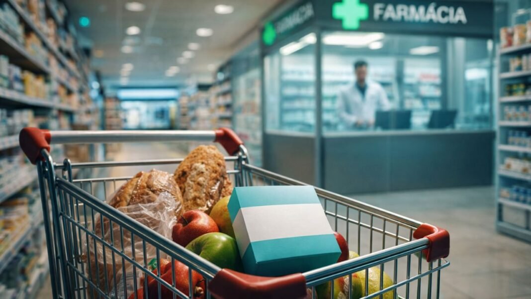 Carrinho de supermercado com alimentos e caixa de medicamento em frente a setor de farmácia dentro de supermercado brasileiro
