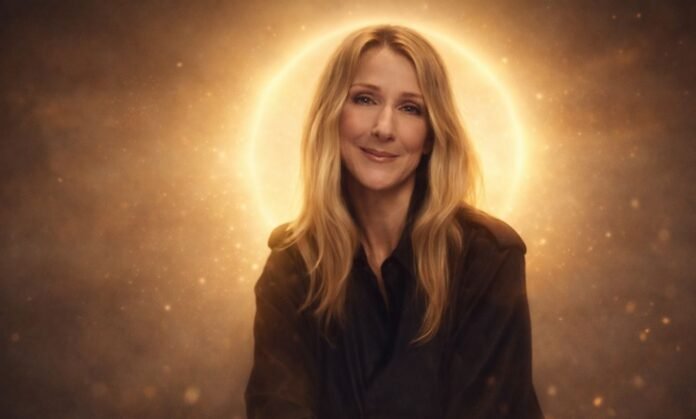 Céline Dion retorna sorrindo com luz dourada ao fundo simbolizando retorno aos palcos após doença rara
