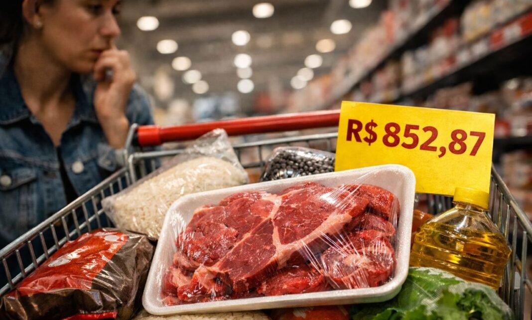 Cesta básica em carrinho de supermercado com carne, arroz e feijão e placa mostrando preço de R$ 601,69