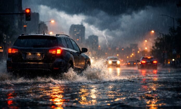 Chuva forte no Brasil causando alagamento em rua urbana com carro passando sob tempestade