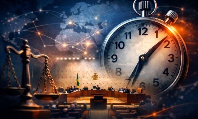 CNJ direitos humanos com julgamento acelerado no Brasil representado por tribunal e relógio simbólico
