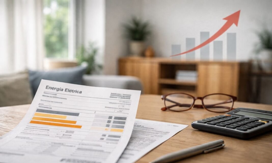 Conta de energia sobre mesa com calculadora indicando aumento no custo da conta de luz em 2026