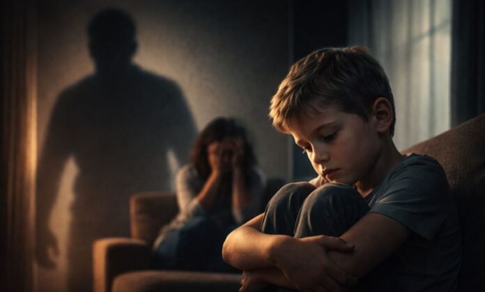 Crime de vicaricídio e seus impactos emocionais nas famílias Cena simbólica mostra criança em sofrimento enquanto sombra representa o impacto do crime de vicaricidio na família