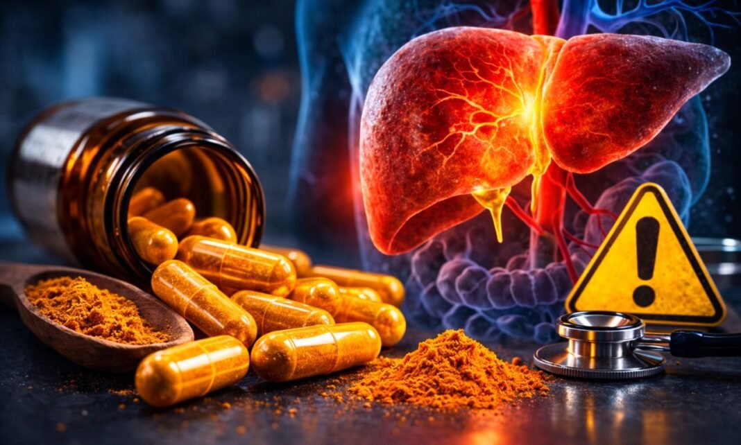 Alerta da Anvisa sobre possível risco de danos ao fígado associado ao uso de suplementos de cúrcuma.